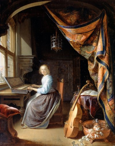 Eine Frau, die ein Clavichord spielt von Gerrit Dou